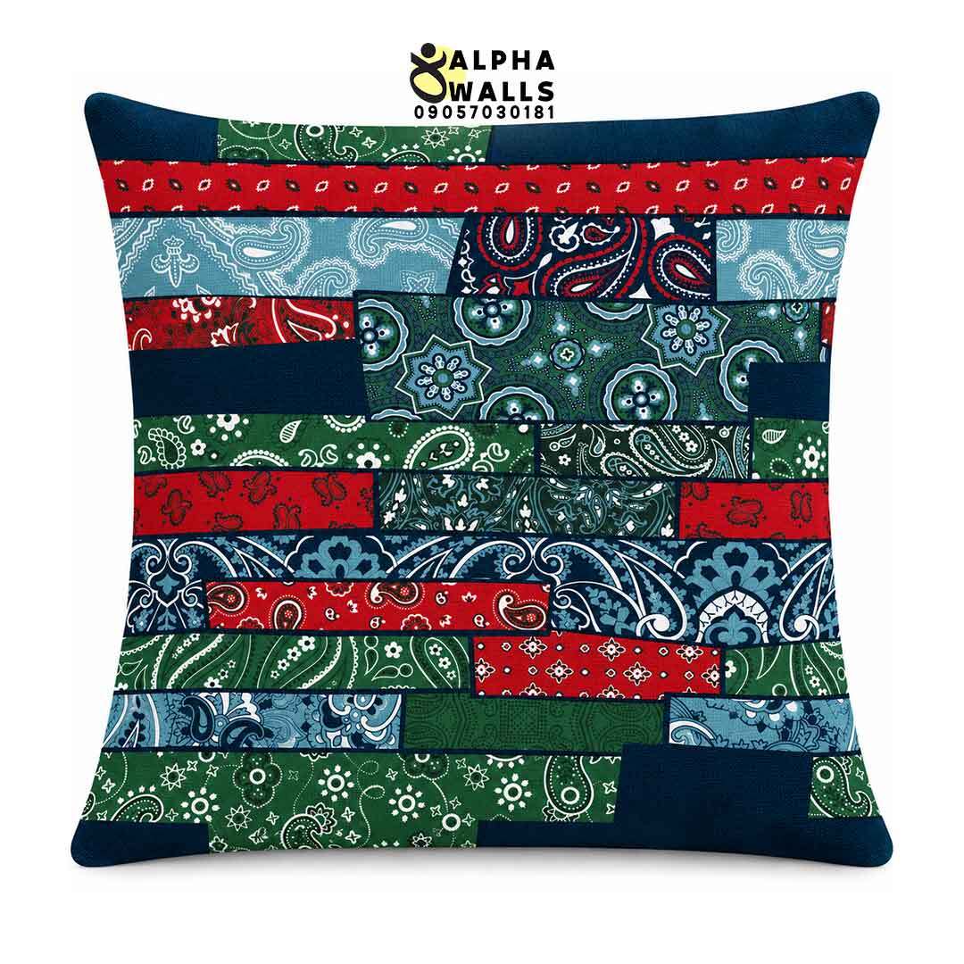  روکش کوسن مخمل طرح پچ‌ورک باندانا سبز و قرمز | Bandana Patchwork 