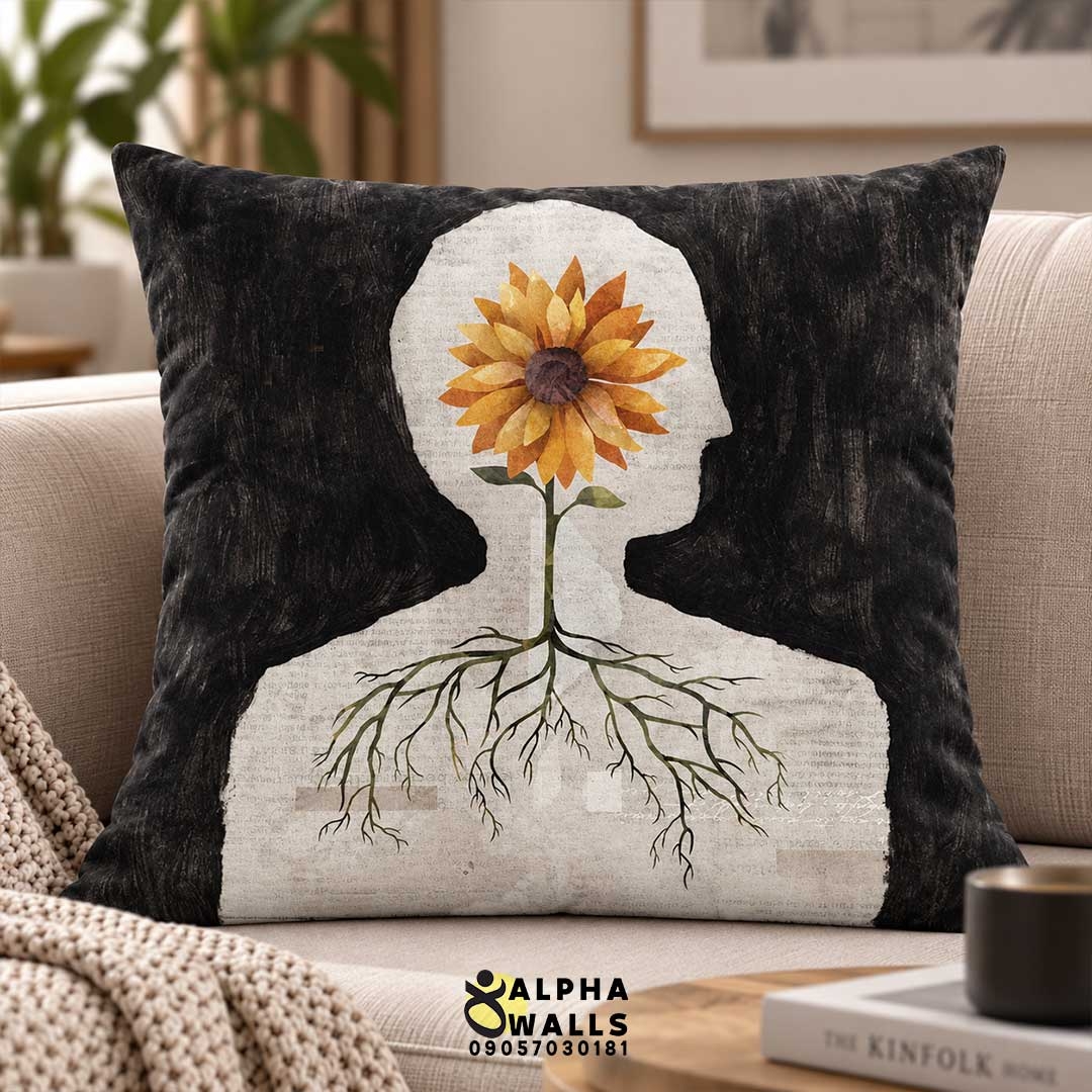  روکش کوسن مخمل طرح انسان و گل آفتابگردان | Sunflower Mind 