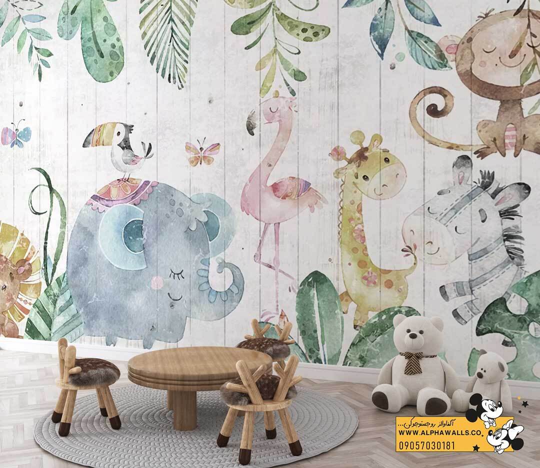  پوستر دیواری کودکانه طرح حیوانات جنگلی آبرنگی فیل و زرافه 