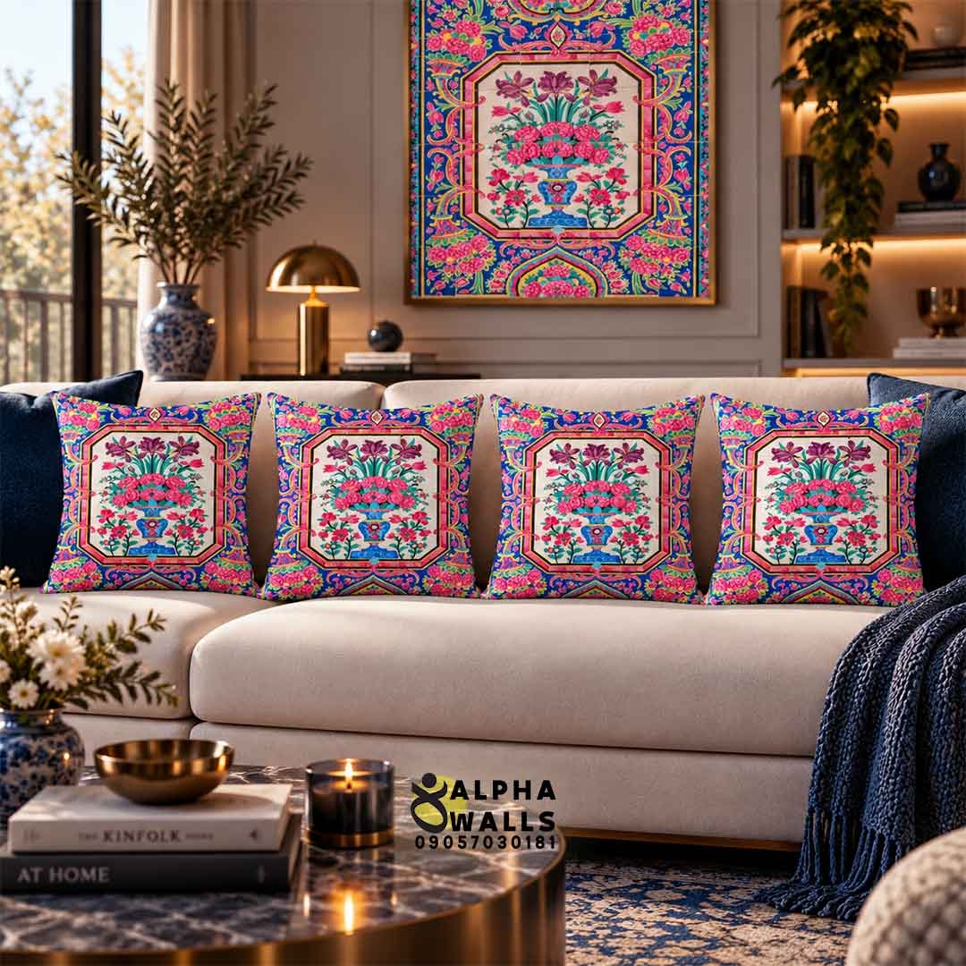  روکش کوسن مخمل طرح گل و گلدان ایرانی | Persian Floral Vase 