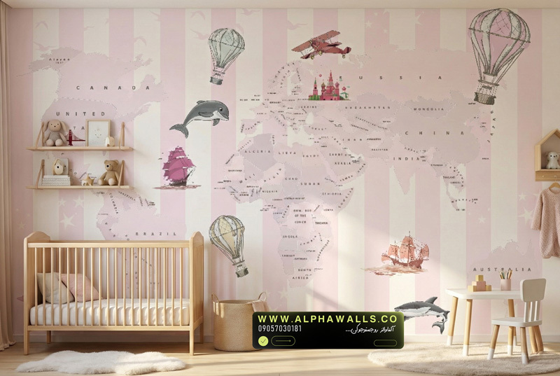 پوستر دیواری کودکانه طرح نقشه جهان فانتزی صورتی