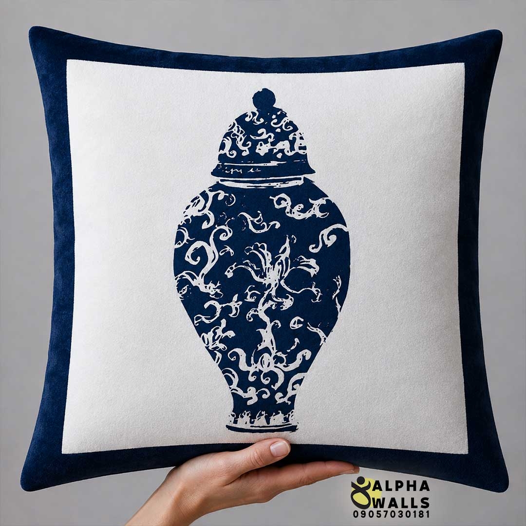 روکش کوسن مخمل طرح گلدان چینی سرمهای مدل Royal Porcelain