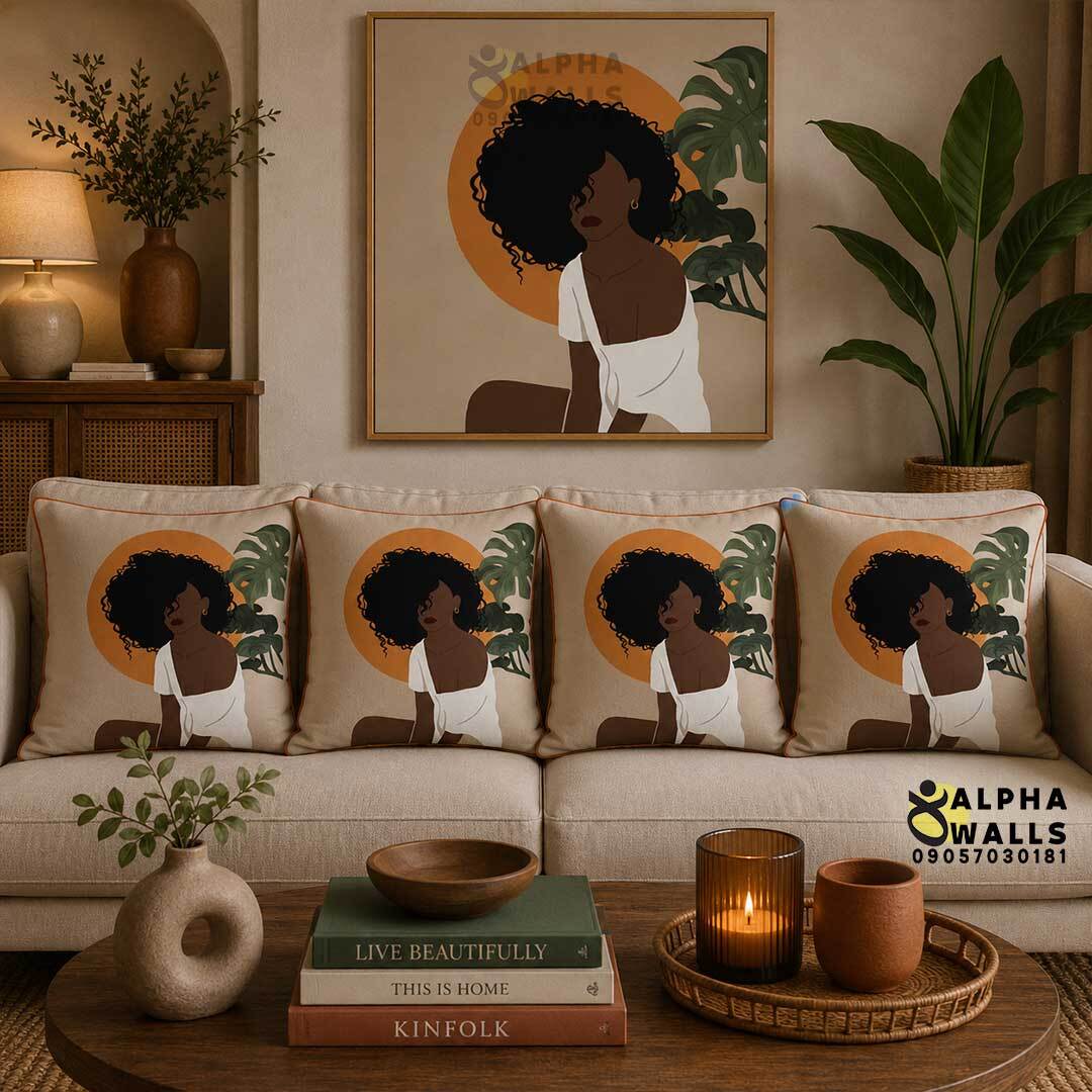 روکش کوسن مخمل طرح دختر آفریقایی و خورشید نارنجی مدل Afro Sunset