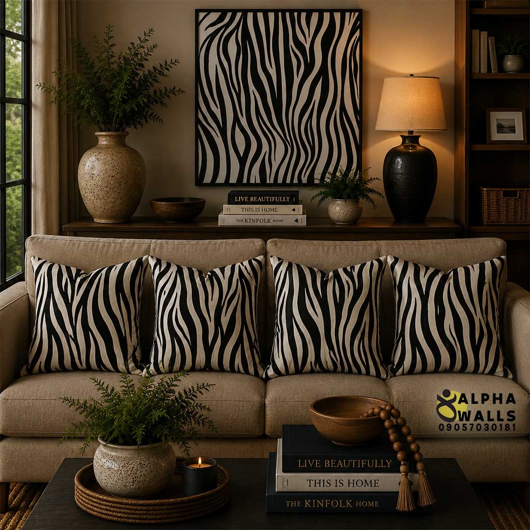  روکش کوسن مخمل طرح راه‌راه گورخری سیاه و سفید مدل Zebra Noir 