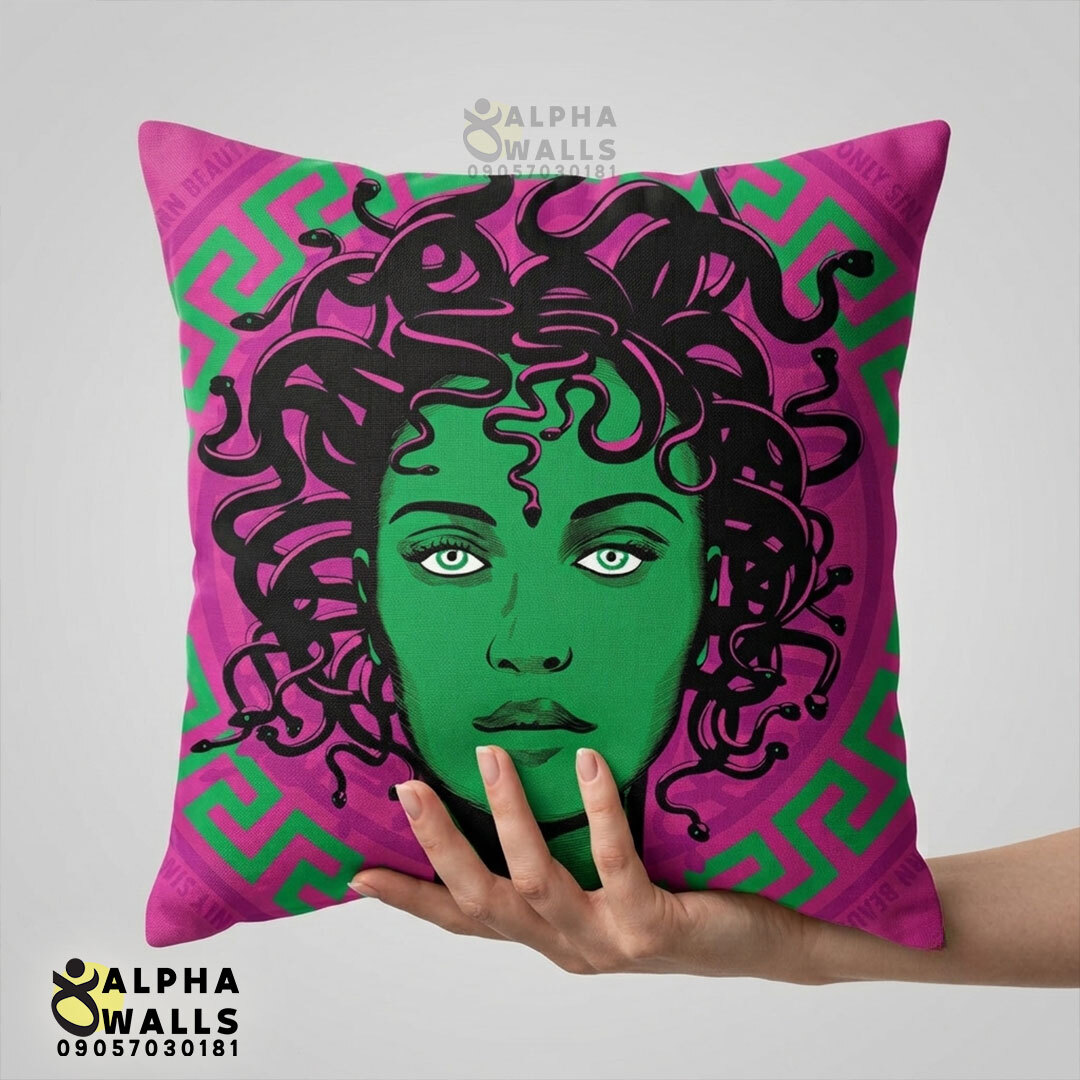 روکش کوسن مخمل طرح مدوسا سبز و صورتی مدل Neon Medusa