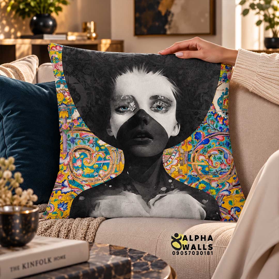 روکش کوسن مخمل طرح چهره مدرن و کاشی ایرانی | Persian Tile Portrait 