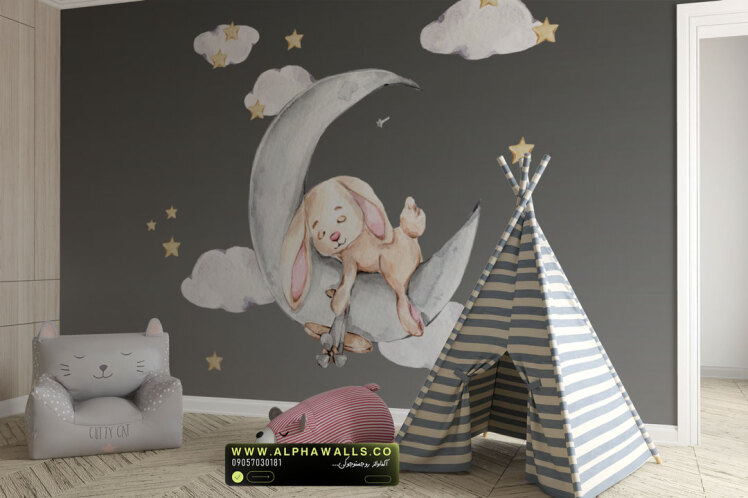 پوستر دیواری کودک طرح خرگوش خوابیده روی ماه