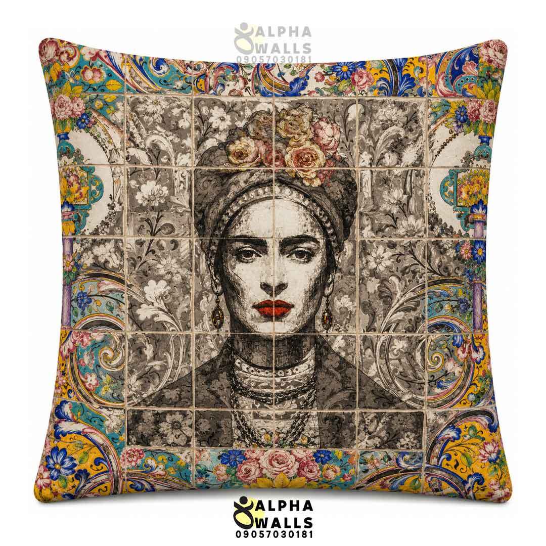 روکش کوسن مخمل طرح فریدا کالو و کاشی ایرانی رنگی مدل Frida Persian