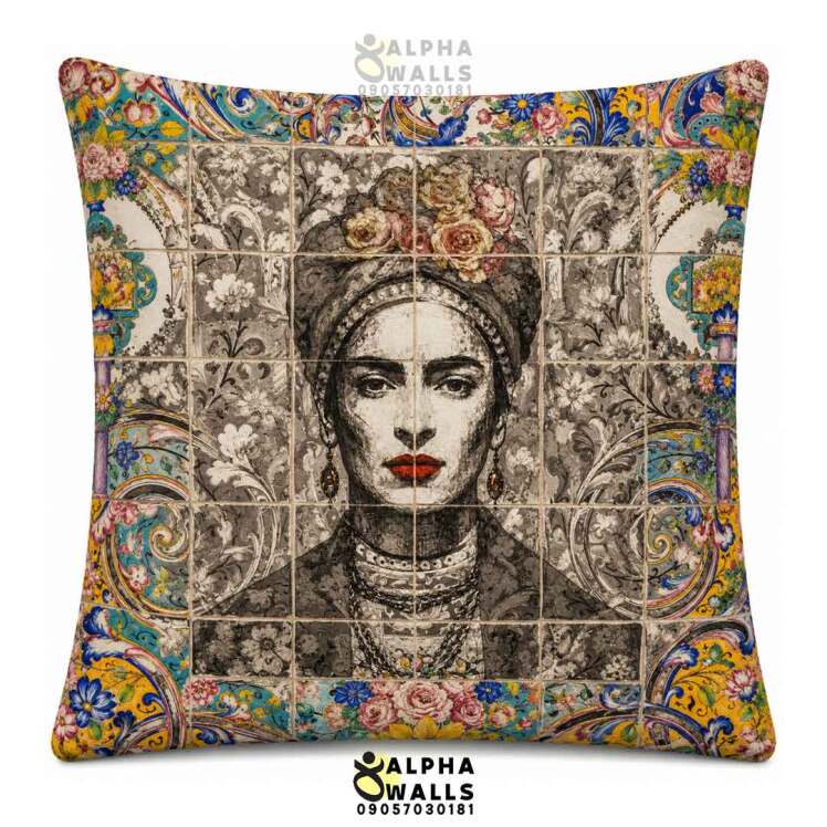 روکش کوسن مخمل طرح فریدا کالو و کاشی ایرانی رنگی مدل Frida Persian