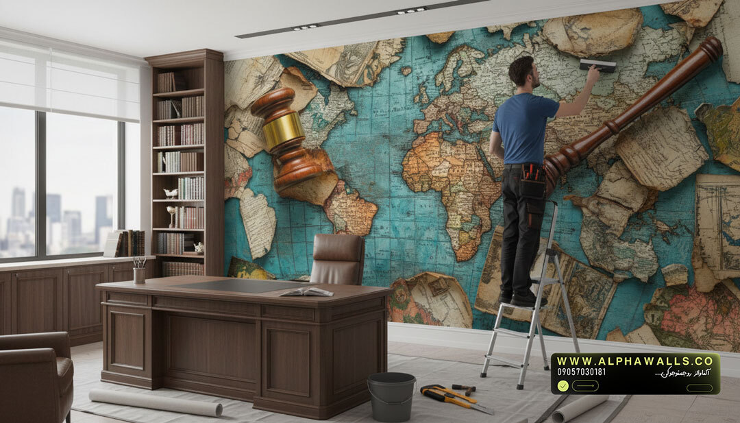 پوستر دیواری طرح نقشه جهان و چکش قضاوت
