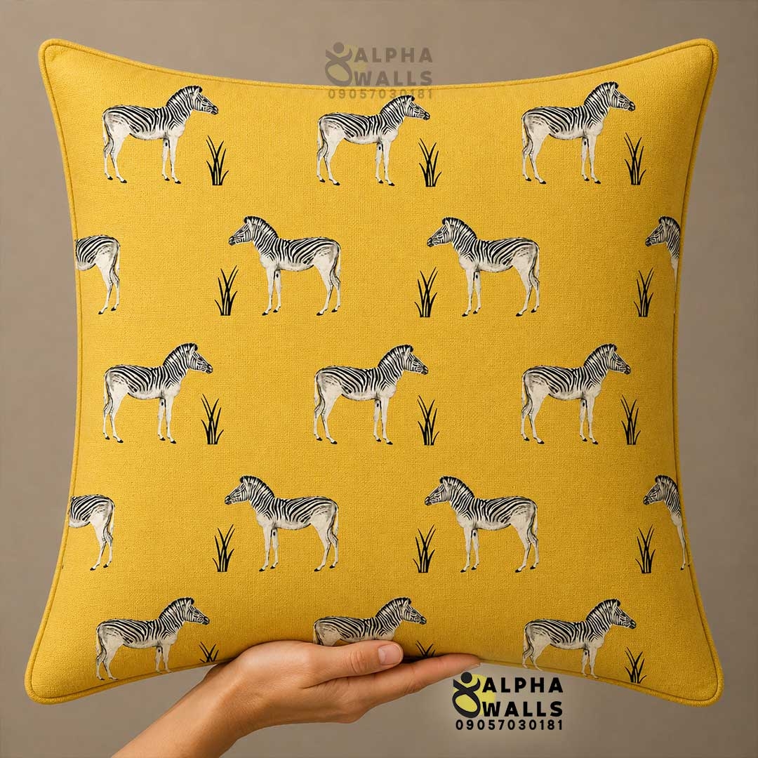 کاور کوسن مخمل زرد طرح گورخر Yellow Zebra Safari | روکش کوسن مبل مدرن