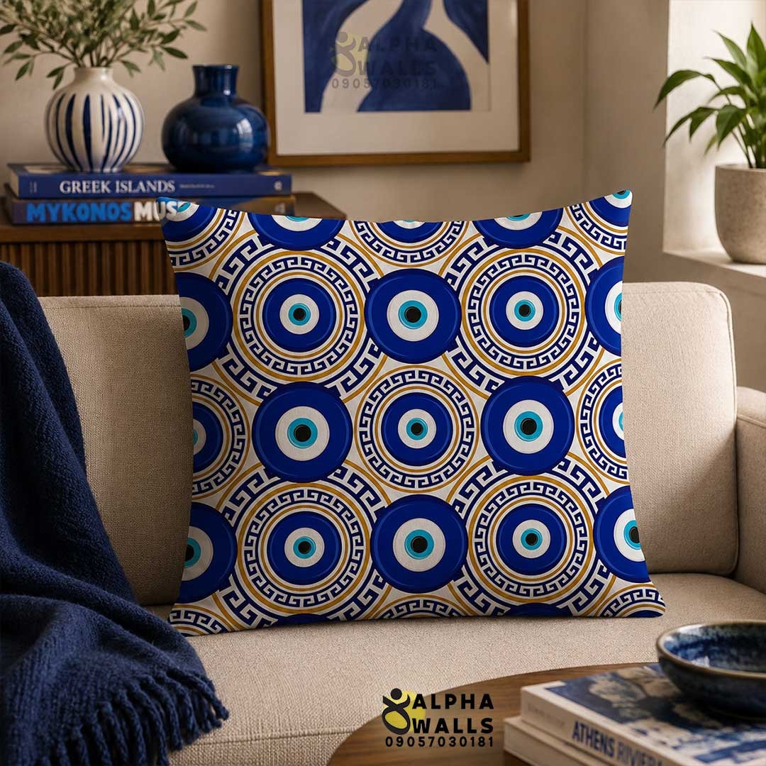 روکش کوسن مخمل طرح چشم نظر و ورساچه آبی طلایی مدل Greek Evil Eye 