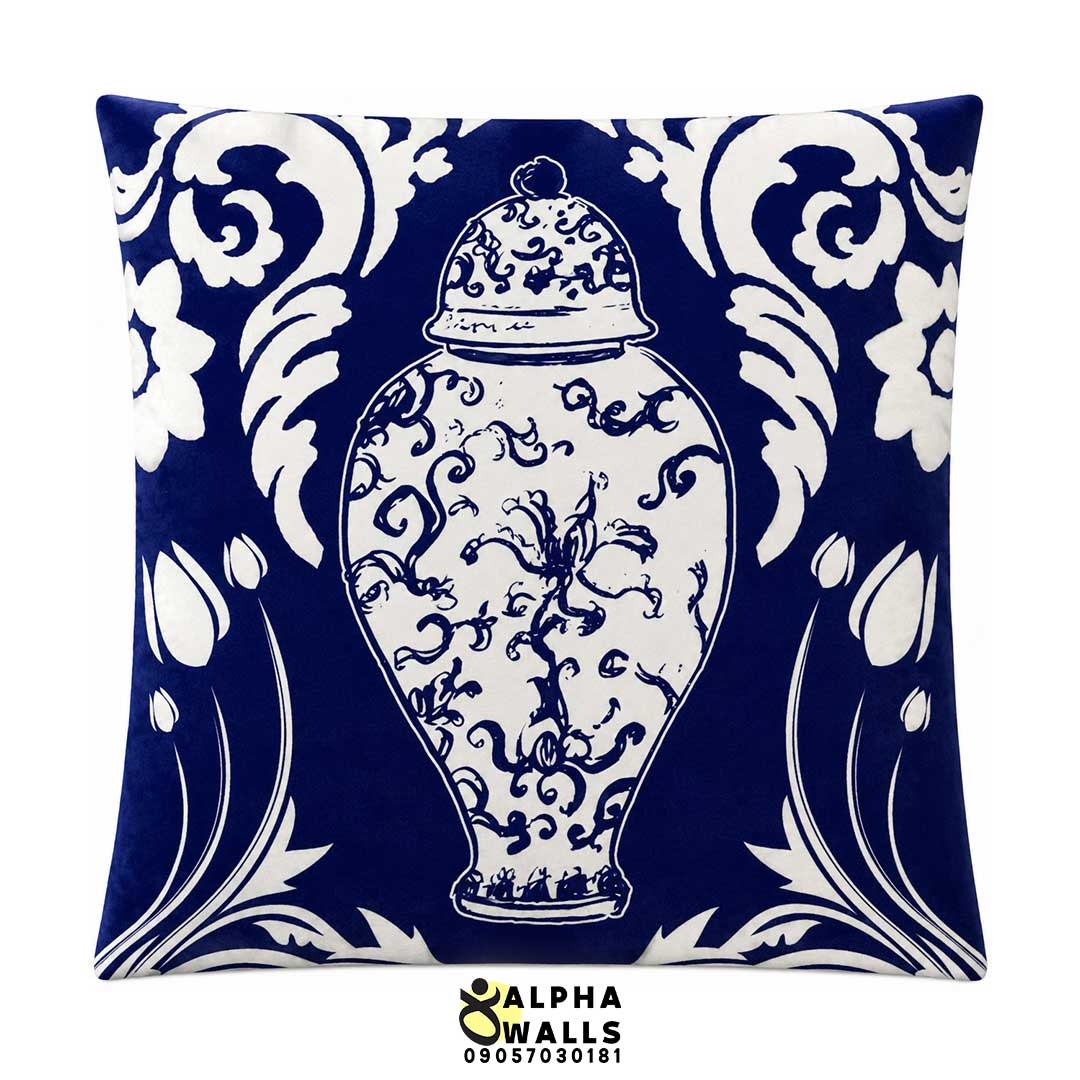 روکش کوسن مخمل طرح گلدان چینی آبی سفید مدل Imperial Vase