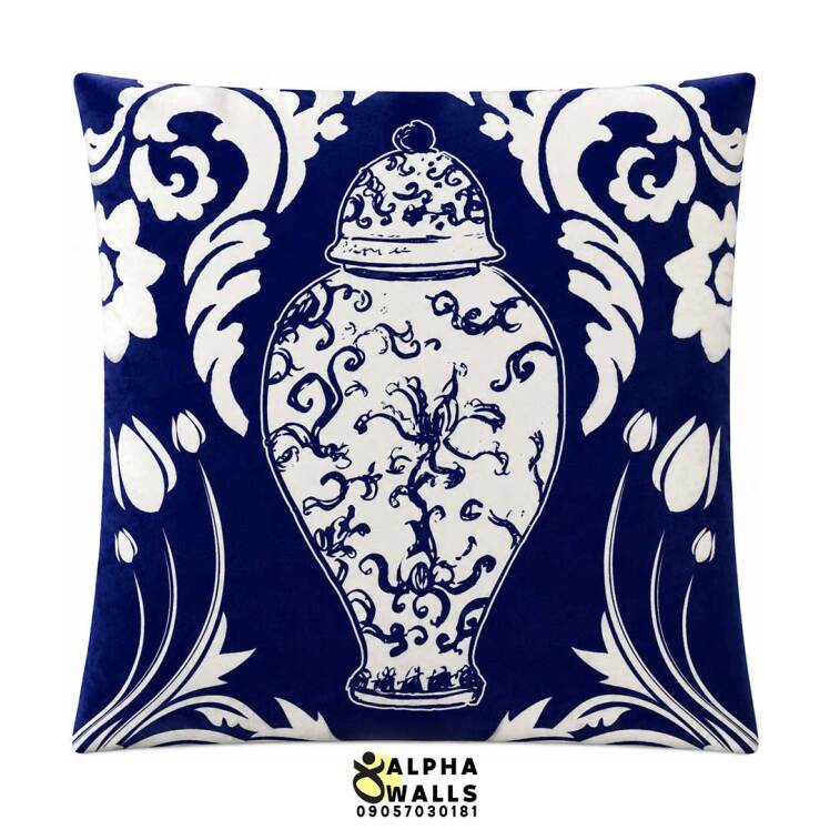 روکش کوسن مخمل طرح گلدان چینی آبی سفید مدل Imperial Vase
