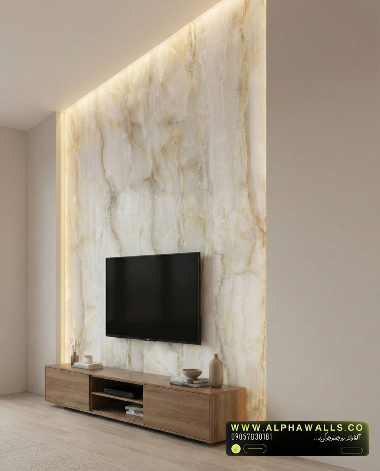 پوستر دیواری طرح سنگ اونیکس سفید روشن با رگه‌های طلایی ظریف
