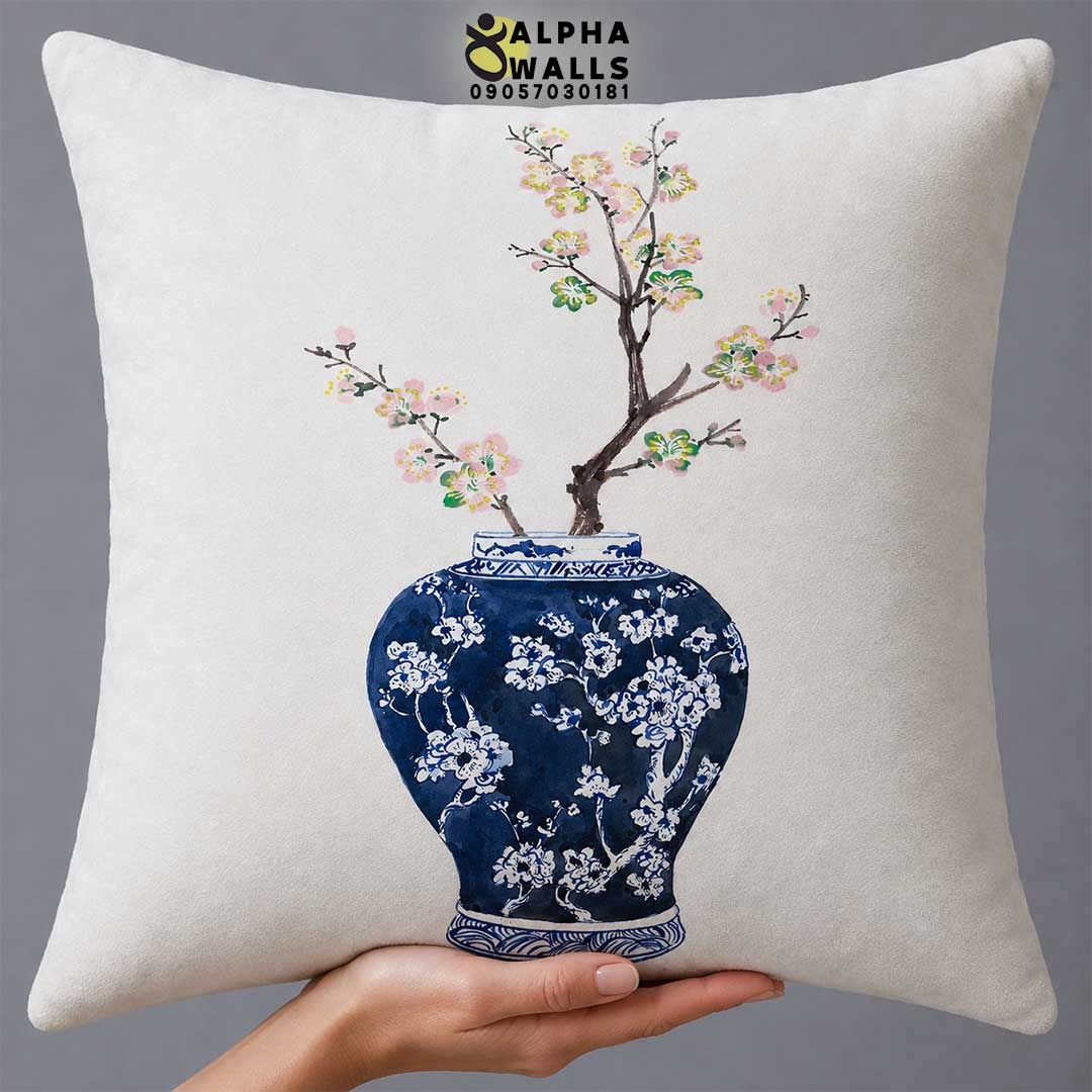  روکش کوسن مخمل طرح گلدان چینی آبی و شکوفه مدل Blue Blossom 