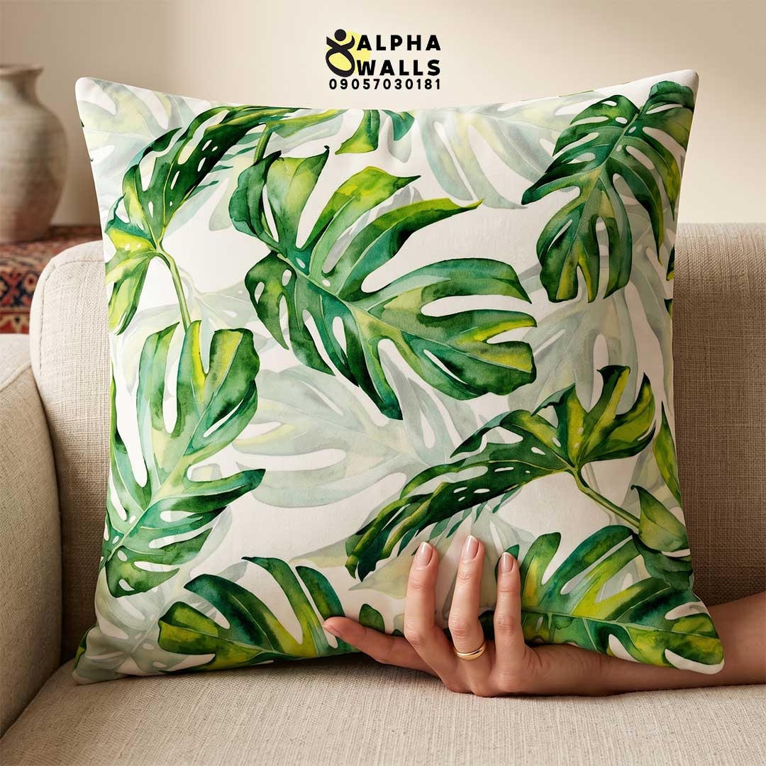  روکش کوسن مخمل طرح برگ‌های استوایی و گرمسیری مدل Tropical Monstera Leaf 