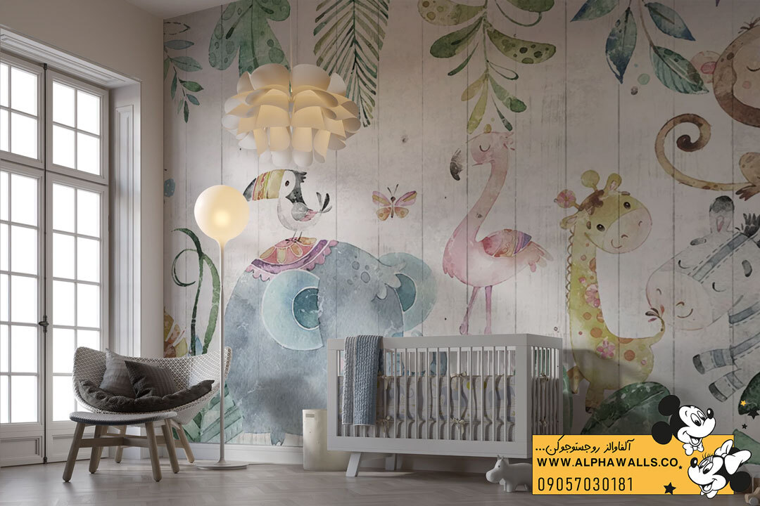  پوستر دیواری کودکانه طرح حیوانات جنگلی آبرنگی فیل و زرافه 