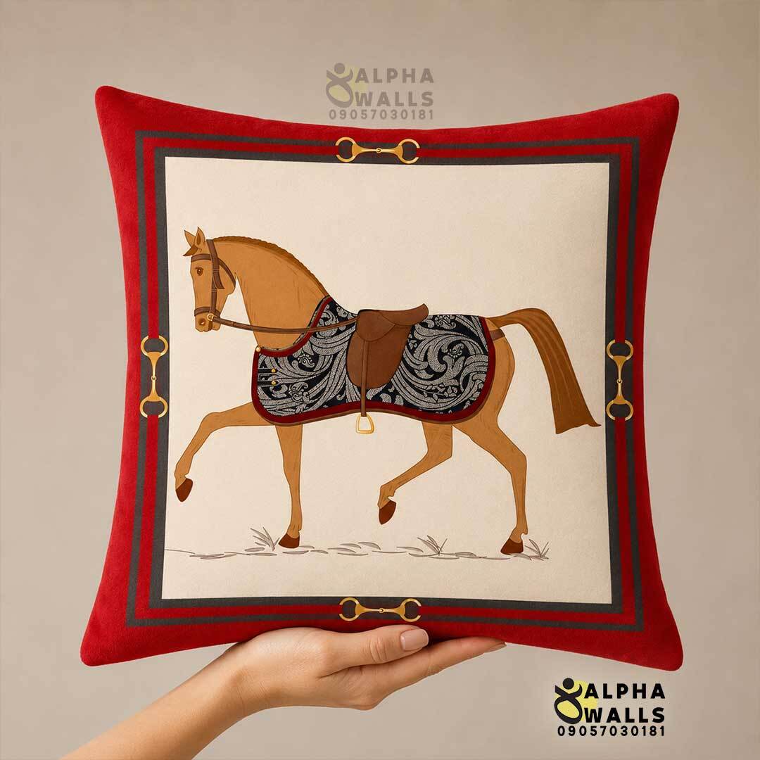  روکش کوسن مخمل قرمز طرح اسب کلاسیک مدل Classic Horse Red 