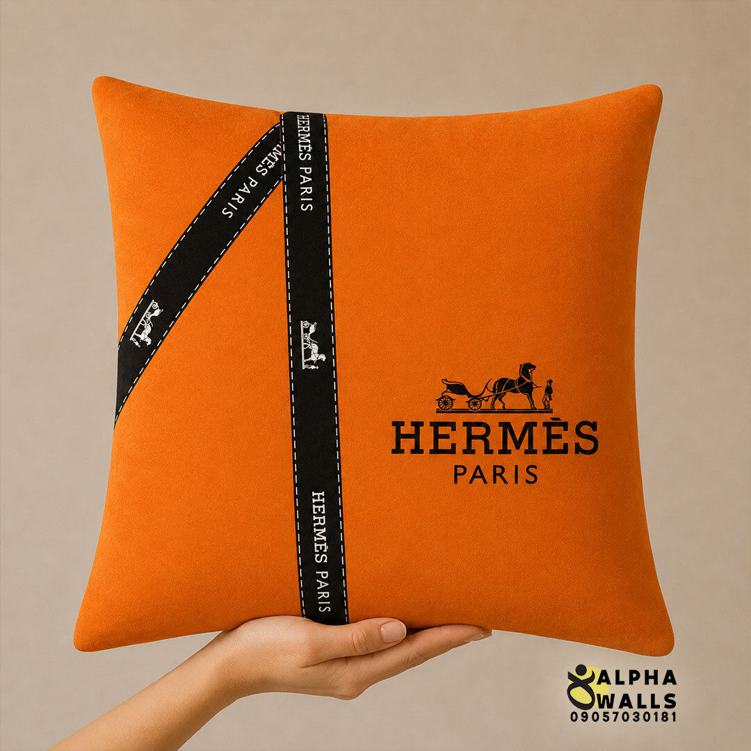 روکش کوسن مخمل نارنجی طرح مینیمال هرمس مدل Hermes Ribbon Orange