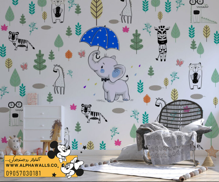 پوستر دیواری کودکانه طرح فیل بامزه و حیوانات جنگلی