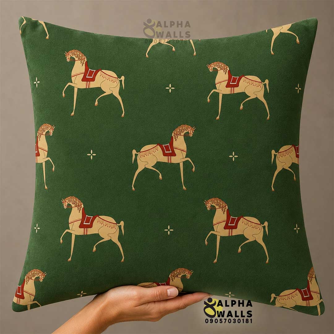 کاور کوسن مخمل سبز طرح اسب طلایی Golden Horse Parade | روکش کوسن مبل کلاسیک لوکس