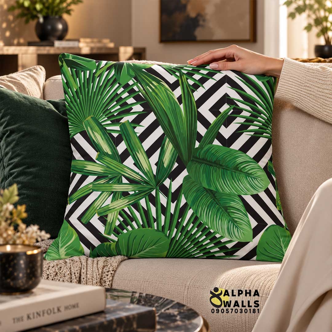  روکش کوسن مخمل طرح برگ استوایی و هندسی | Tropical Geometric 