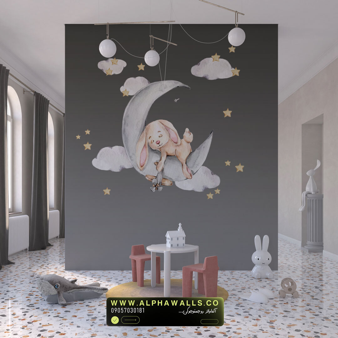  پوستر دیواری کودک طرح خرگوش خوابیده روی ماه 