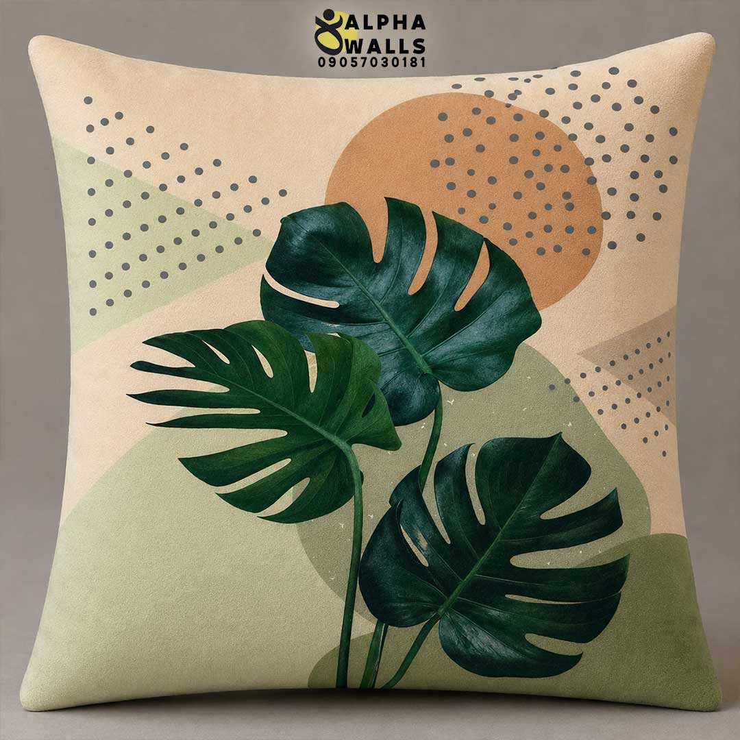  روکش کوسن مخمل طرح برگ انجیری سبز مدل Monstera Nature 