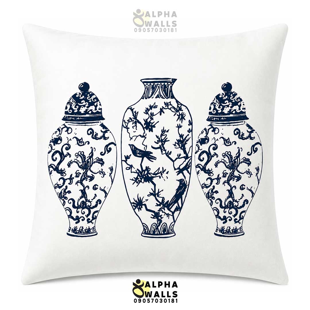 روکش کوسن مخمل طرح گلدان چینی آبی سفید مدل Blue Porcelain
