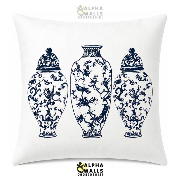 روکش کوسن مخمل طرح گلدان چینی آبی سفید مدل Blue Porcelain