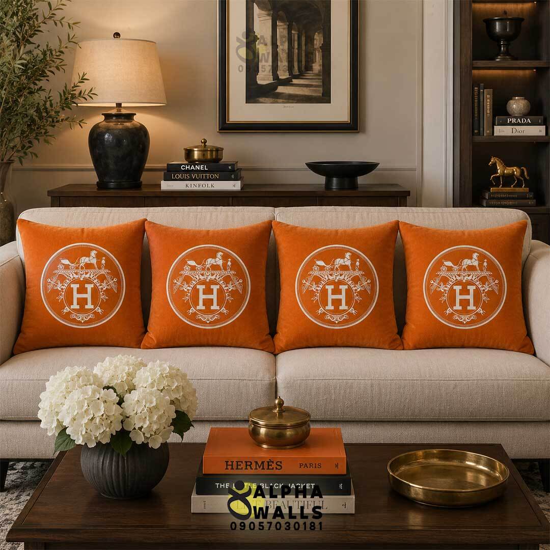  روکش کوسن مخمل نارنجی هرمس مدل Hermes Orange Emblem 