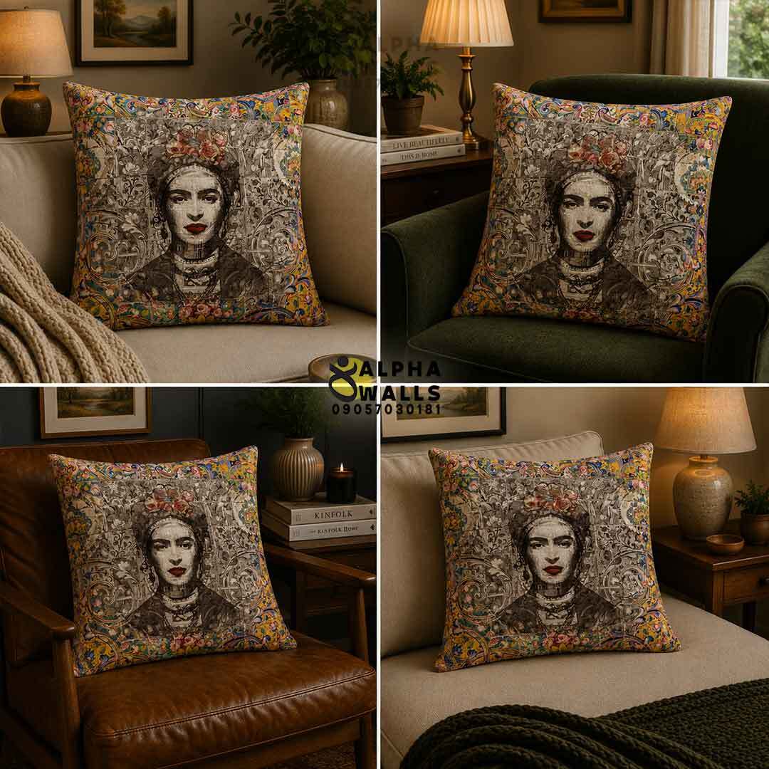 روکش کوسن مخمل طرح فریدا کالو و کاشی ایرانی رنگی مدل Frida Persian