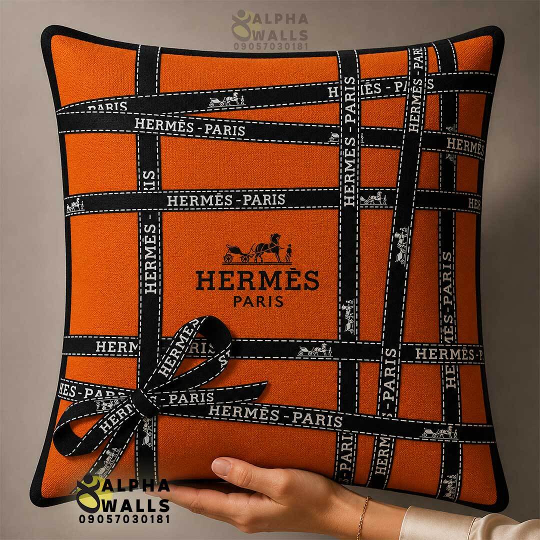  روکش کوسن مخمل طرح روبان هرمس نارنجی مدل Orange Ribbon 