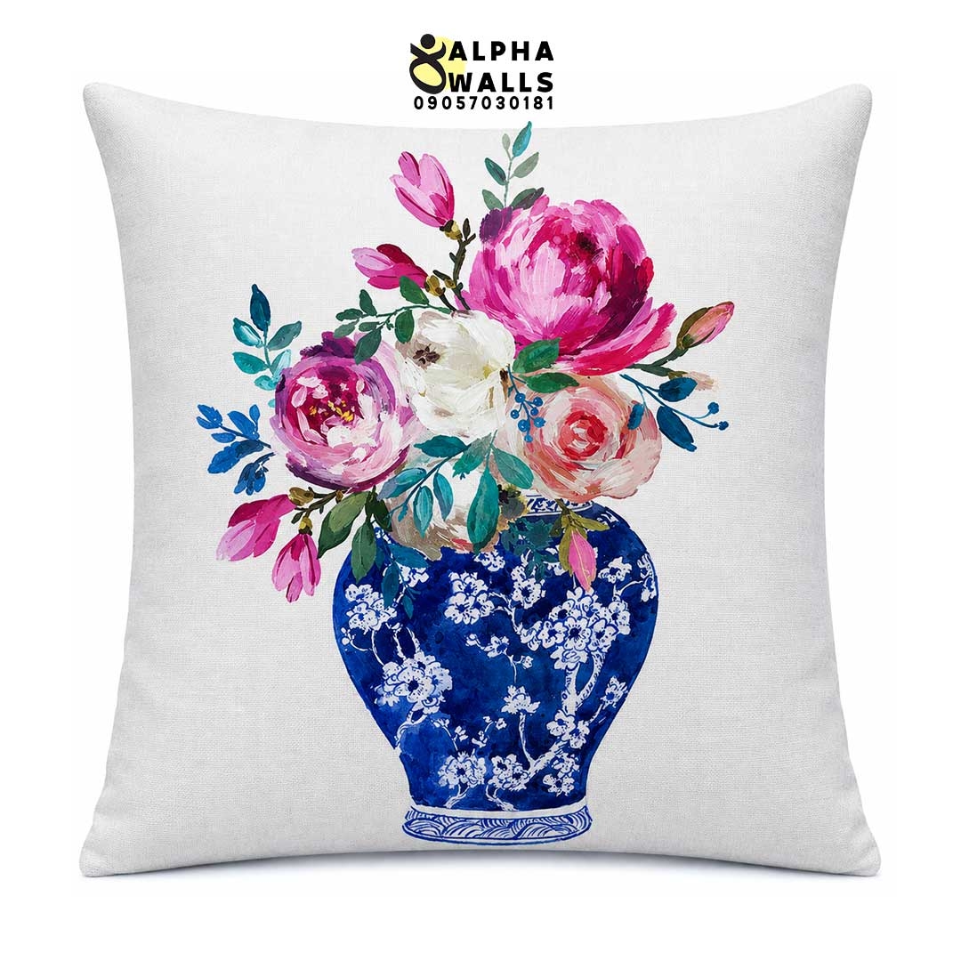 روکش کوسن مخمل طرح گلدان چینی آبی و گلهای صورتی مدل Royal Bloom