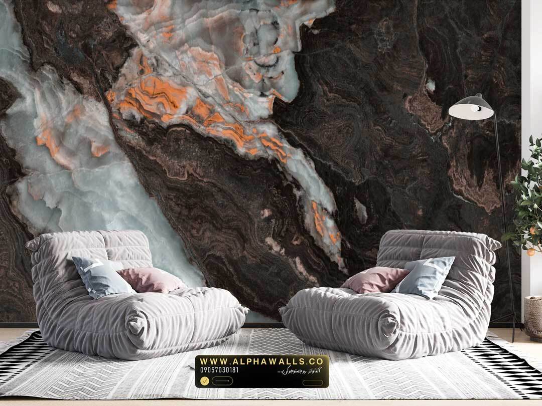  پوستر دیواری طرح سنگ اونیکس تیره با رگه‌های مسی گرم 