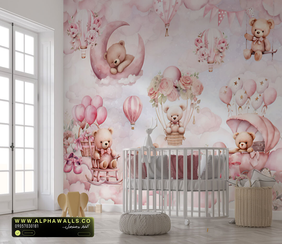 پوستر دیواری کودک طرح خرسهای صورتی در آسمان رویایی