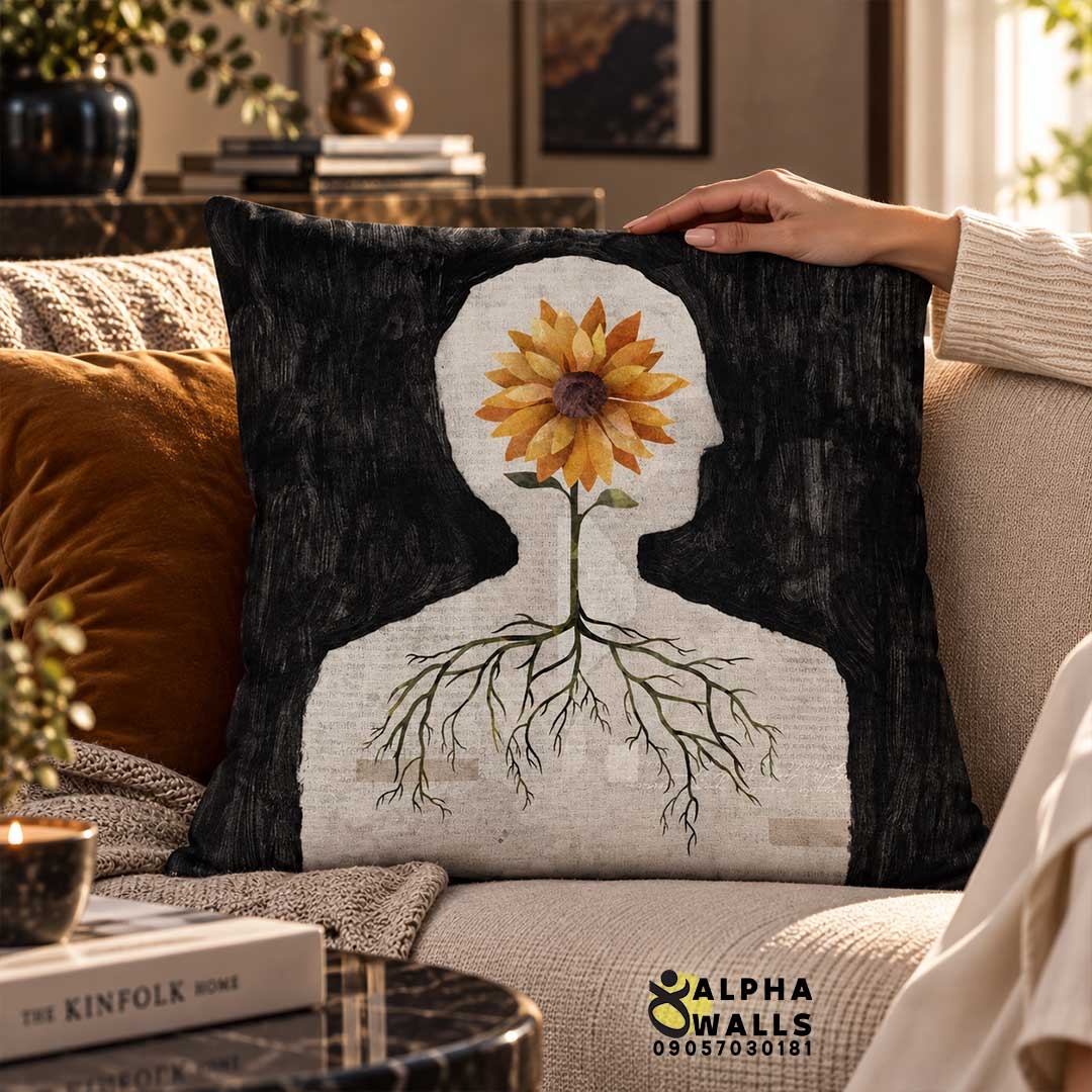  روکش کوسن مخمل طرح انسان و گل آفتابگردان | Sunflower Mind 