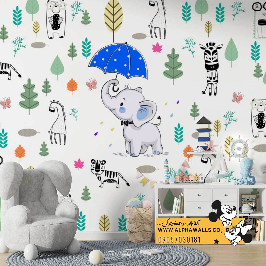  پوستر دیواری کودکانه طرح فیل بامزه و حیوانات جنگلی 