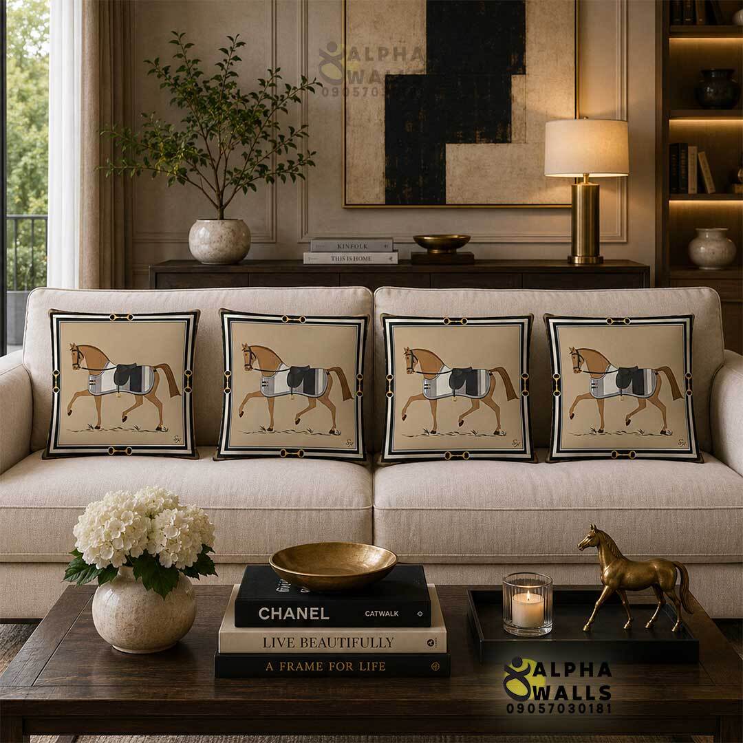  کاور کوسن مخمل طرح اسب کلاسیک Classic Equestrian | روکش کوسن کرم مشکی لوکس 