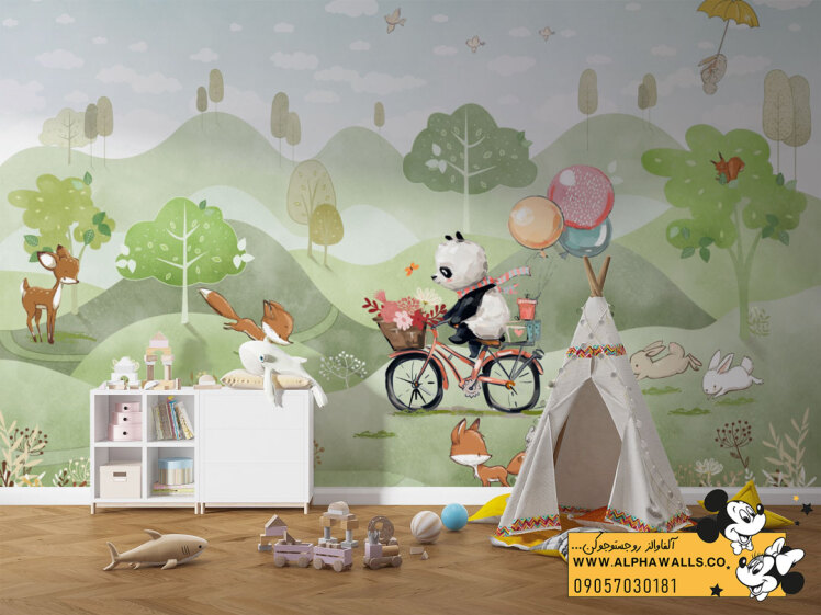 پوستر دیواری کودکانه طرح پاندا دوچرخه‌سوار در جنگل