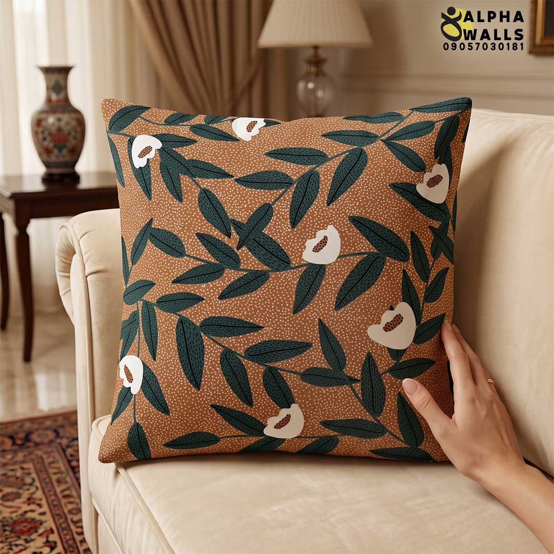  روکش کوسن مخمل طرح گل و برگ‌های اساطیری مدل Terracotta Floral Botanicals 