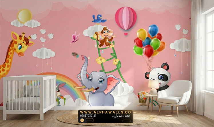 پوستر دیواری کودک طرح حیوانات شاد با بالن‌های رنگی