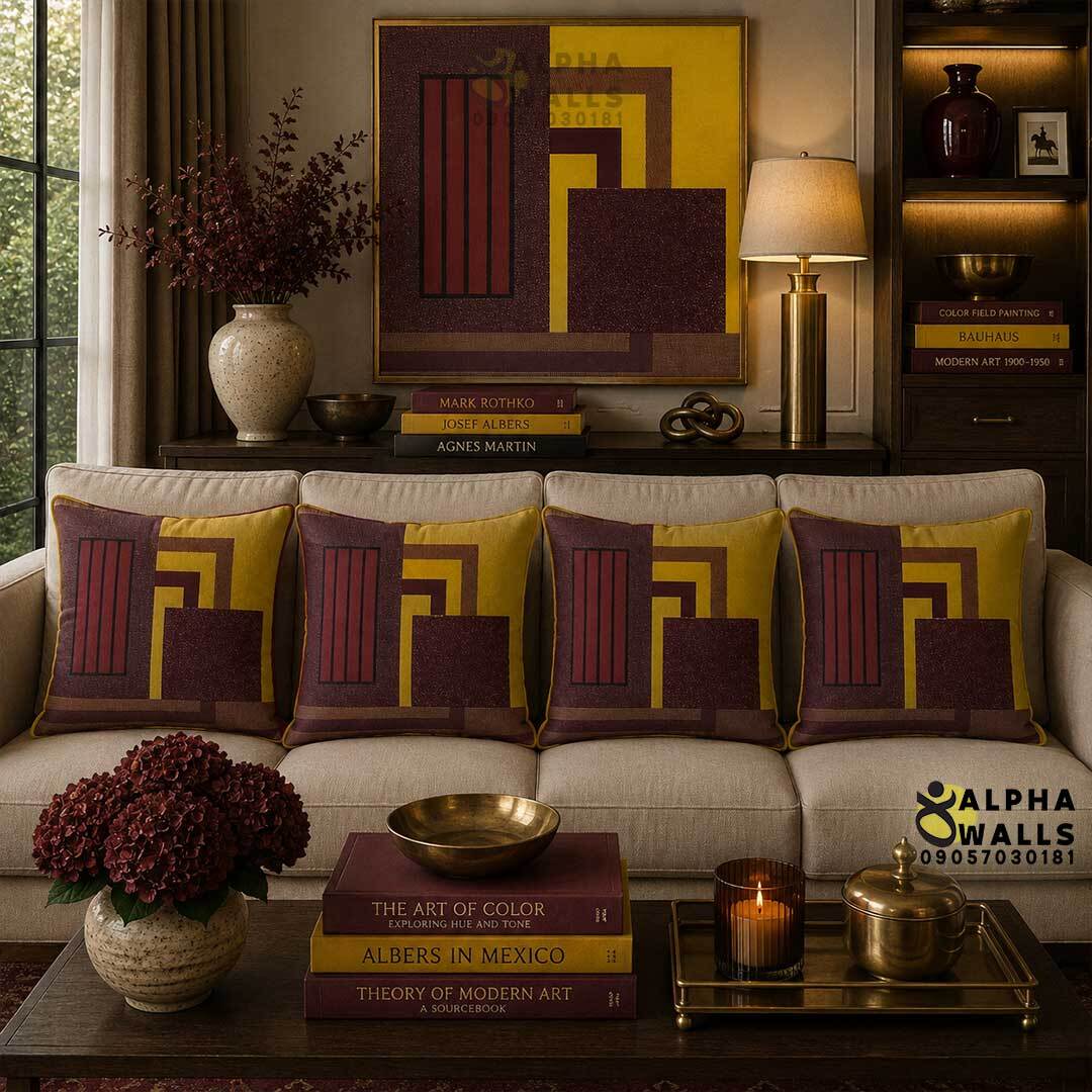  روکش کوسن مخمل طرح هندسی زرشکی خردلی مدل Bordeaux Blocks 