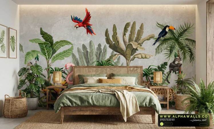 پوستر دیواری طرح جنگل استوایی با پرندگان روی زمینه طوسی روشن