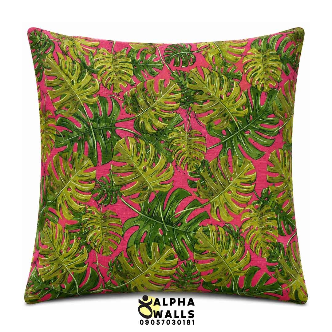 روکش کوسن مخمل طرح برگ انجیری سبز و صورتی مدل Pink Monstera
