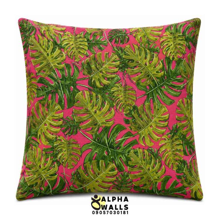 روکش کوسن مخمل طرح برگ انجیری سبز و صورتی مدل Pink Monstera