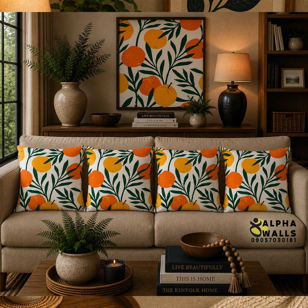 روکش کوسن مخمل طرح پرتقال و برگ سبز مدل Citrus Garden