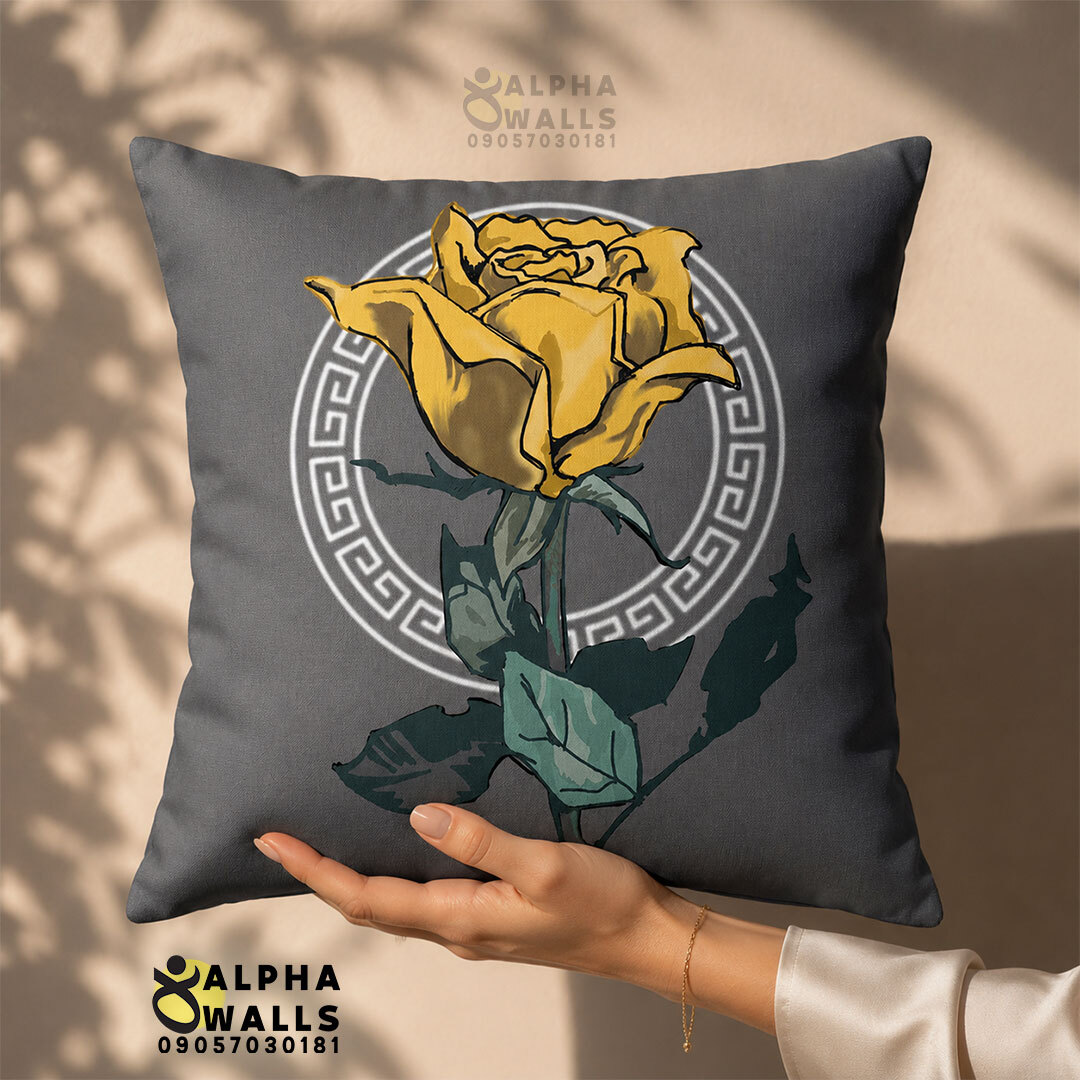 روکش کوسن مخمل طرح گل رز طلایی زمینه طوسی مدل Golden Rose