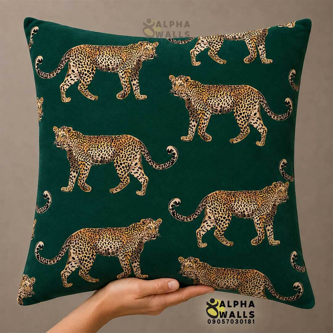  کاور کوسن مخمل سبز طرح پلنگ Green Leopard | روکش کوسن مبل پلنگی مدرن 